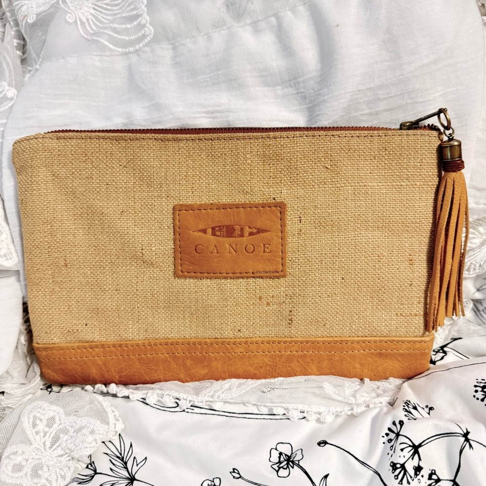 Canoe Brand Rattan Straw Woven & Leather Tassel Clutch Pouch Mini Bag w/ Handle